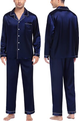 SWOMOG Pyajama Set for Men Long Sleeve Satin Pyjamas Two Piece Sleepwear  Button-Down Loungewear Silk Pjs Navy Blue - ShopStyle