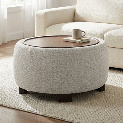 Mercer41 Upholstered Round Storage Ottoman with Wooden Tray