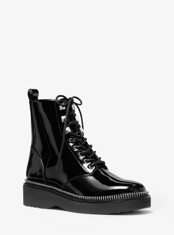 womens black patent leather combat boots