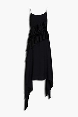 Christopher Kane Asymmetric satin-paneled ruffled crepe midi dress