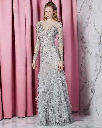 Monique Lhuillier Embellished Long-Sleeve Illusion Evening Gown w/ Feather Skirt