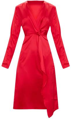 PrettyLittleThing Red Satin Long Sleeve Wrap Midi Dress