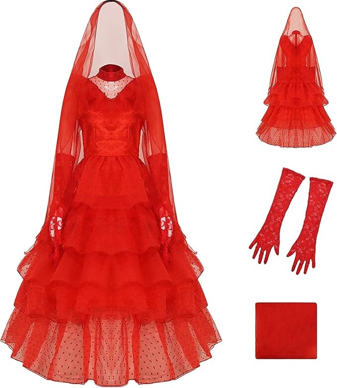 Poboola Lydia Deetz Costume Beetle Bride Gothic Red Wedding Dress Women's 80s Halloween Dress Up Cosplay Outfits with Veil