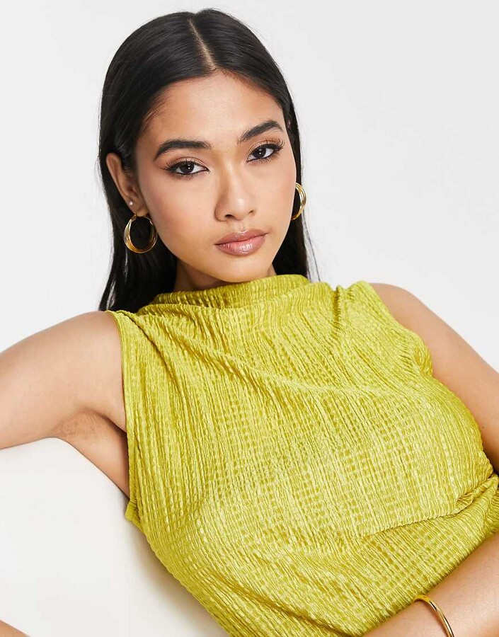 Topshop plisse sleeveless cowl neck top in green ShopStyle