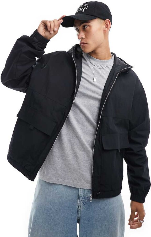 ASOS DESIGN windbreaker jacket with hood in black ShopStyle