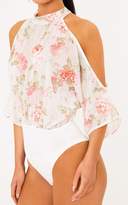 Thumbnail for your product : PrettyLittleThing Marci White Floral Print Woven Cold Shoulder Thong Bodysuit