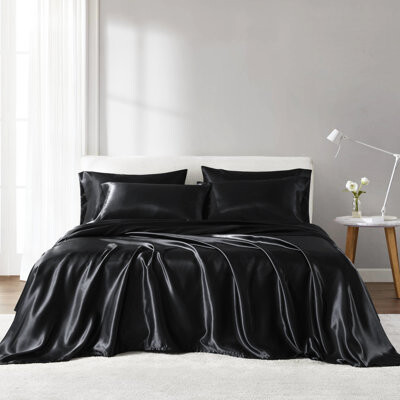 SnugglySolace Black 7 Pcs Split 100% Satin Sheet , Wrinkle , Gentle On Skin, - , 1 Flat, 2 Fitted, 4 Pillowcases Smooth Surface, Reduces Breakage,