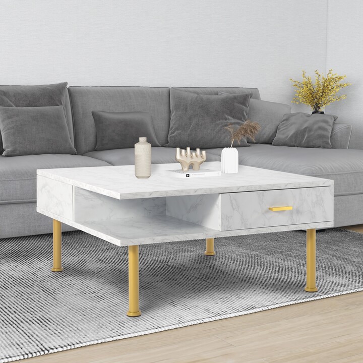 Rasoo 31.5" Square Coffee Table,Metal legs in golden color.Crafted from