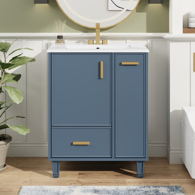 Ebern Designs 24" Bathroom Vanity With Sink, Bathroom Cabinet With Door Shelf, Deep Drawer, 2-Tier Pull-Out Basket, Solid Wood Frame And MDF Board, One Package, Gre