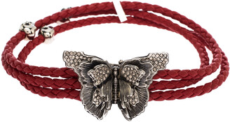 Alexander McQueen Crystal Butterfly Charm Red Braided Leather Layered Bracelet