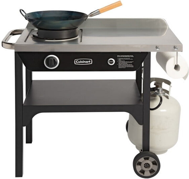 Cuisinart Outdoor Wok Station with 14” Carbon Steel Pan, 50,000 BTU Wok Burner, Prep Table