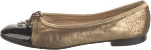 Chanel Vintage Ballet Flats Black Gold & Metallic Suede Interlocking CC Logo Patent Leather Trim Grosgrain & Bow Accents Semi-Pointed Toes Designer