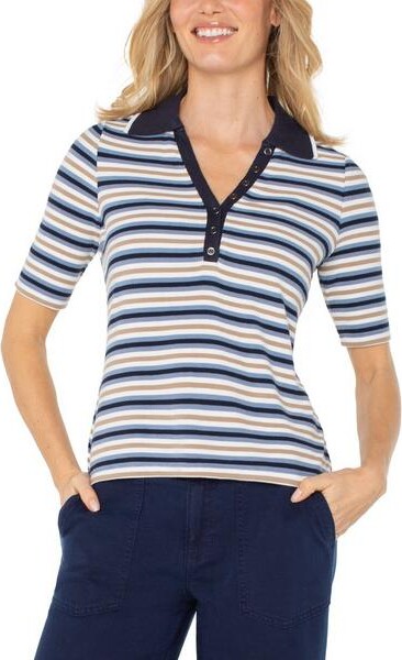 Liverpool Los Angeles Women's Shirred Knit Henley Small Blue Mlt Stripe
