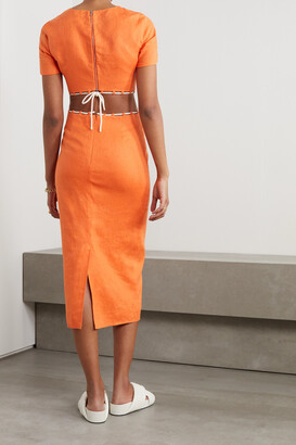 STAUD Matteo Cutout Cord-trimmed Linen-canvas Midi Dress - Orange