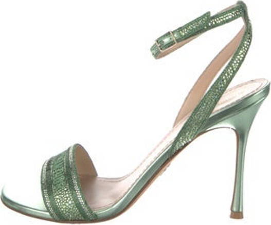 Christian Dior Crystal Sandals Green Embroidered & Crystal Accents Buckle Closure at Ankles Includes Box & Dust Bag Designer