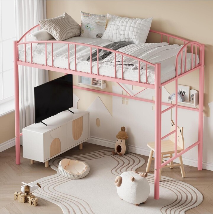 gaomon Loft Bed Twin Size Heavy Duty Metal Loft Bed Frame with Arched Guardrail and Safety Ladder Space-Saving No Box Spring Needed