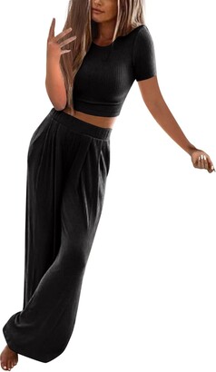 AMhomely Ribbed Knitted Women 2 Piece Set Y2K Knitted Tracksuit Lounge Wear  Short Sleeve Cropped With Wide Legs Trousers Casual Outfits Streetwear  Ladies Summer Workout Sets Yoga Running Sets Black XL - ShopStyle