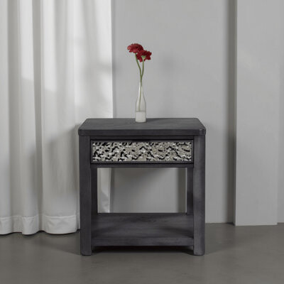 Benjara Zoko Side End Table 1 Drawer 1 Shelf Ash Gray Rubberwood 24 Inch
