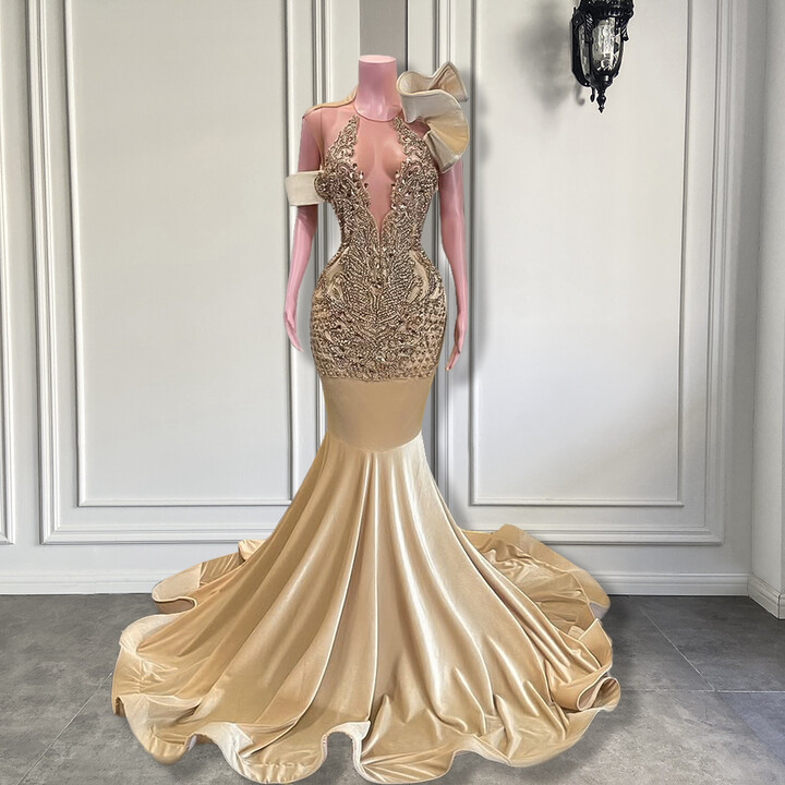 Rsvppap Elegant Prom Dresses 2025 Sexy Mermaid Style Luxury Diamond Champagne Velvet African Black Girls Prom Dress