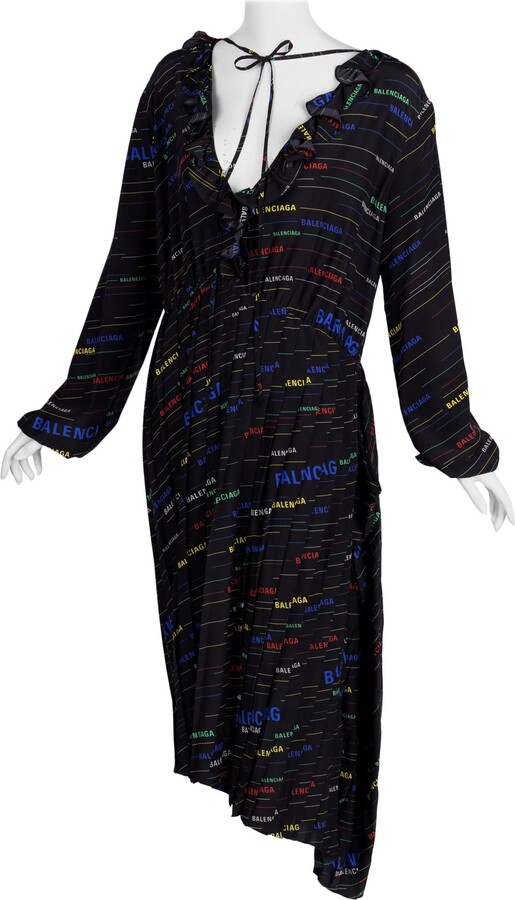 Balenciaga Ruffled Printed Black Silk Crepe De Chine Midi Dress Resort 2019