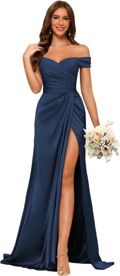 Silk Dress Navy Blue Wedding Bridesmaid Dresses Wedding Guest - Main Image