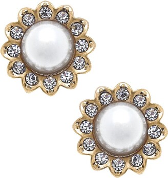 Canvas Style Walker Pearl and Pave Flower Stud Earrings in Ivory - White