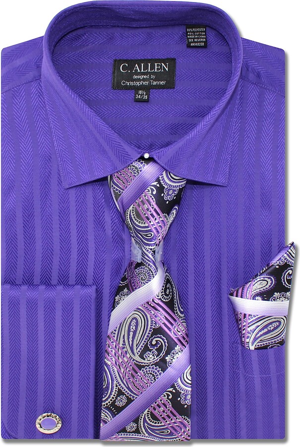 Allen Men's Solid Striped Herringbone Regular Fit French Cuffs