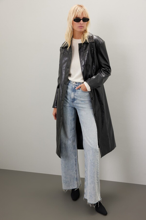 Moon River Faux Leather Midi Coat Black