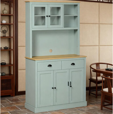 Red Barrel Studio Light Blue Pantry Storage Cabinet Freestanding Kitchen Buffet with Hutch with Drawers Glass Doors and Adjustable Shelves