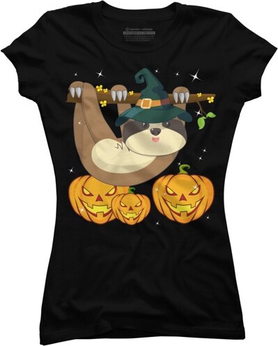 Men's Design By Humans Funny Witch Sloth With Jack O Lantern