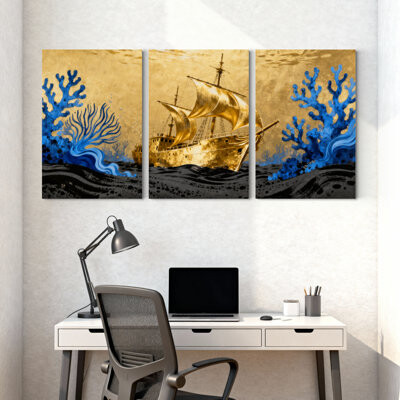 Breakwater Bay Golden Ship Blue Coral Ocean Waves Set of 3 Canvas Wall Art Prints