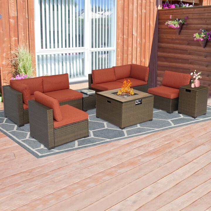 Kinbor Patio Furniture Sectional Sofa Set w/ Propane Fire Pit, Wicker Sofa Sets & Rectangle Fire