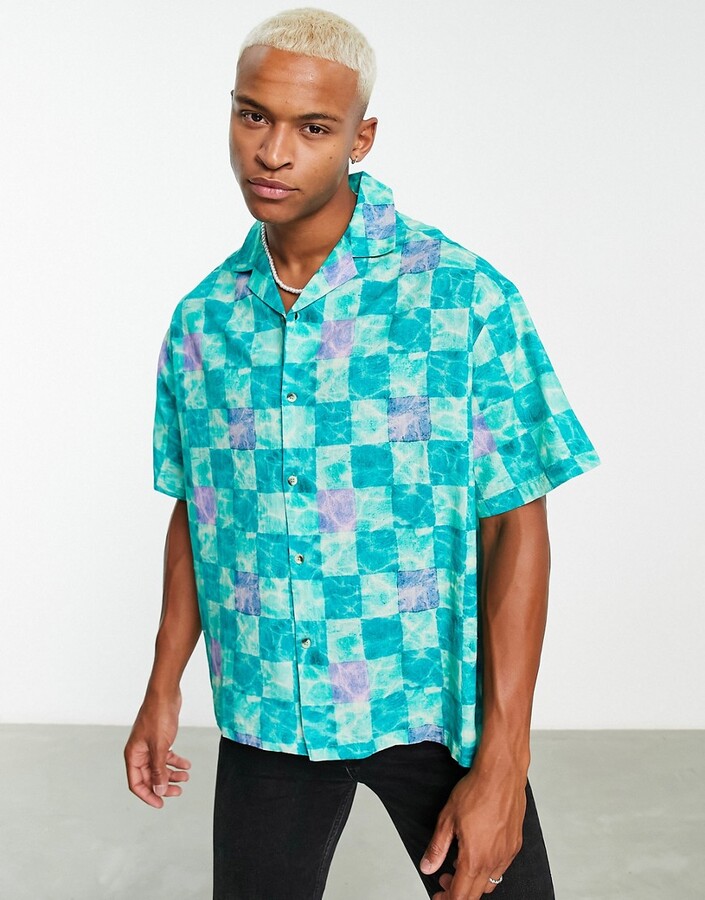 ASOS DESIGN boxy oversized camp collar shirt in green grid checkerboard