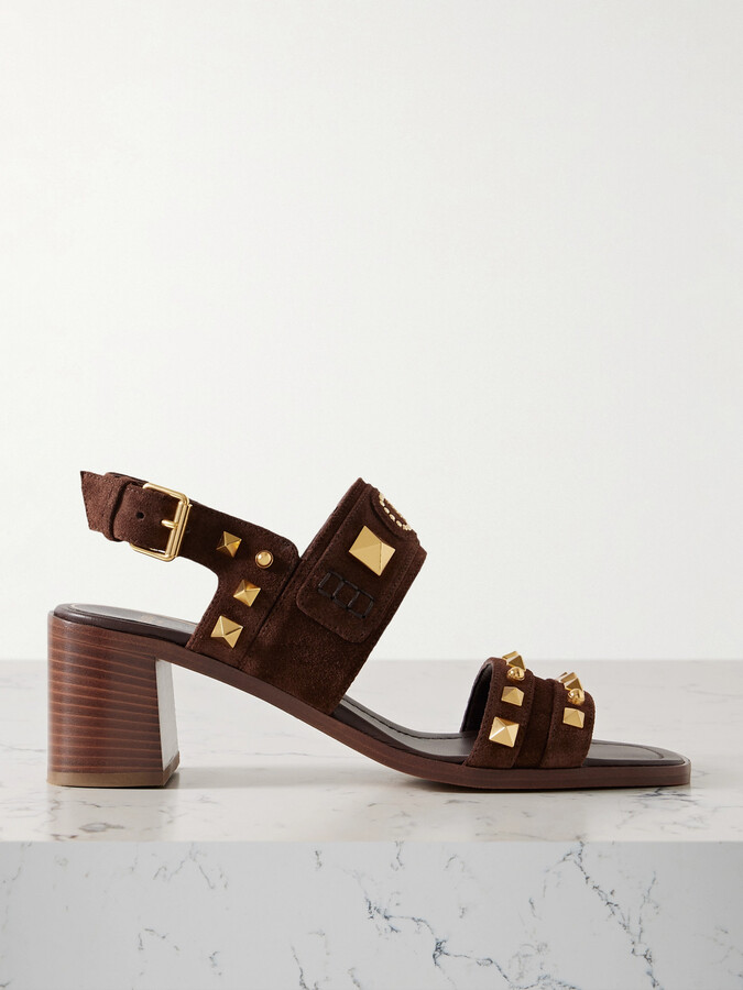 Valentino Garavani Plaster Caster 60 Studded Suede Slingback Sandals - Brown