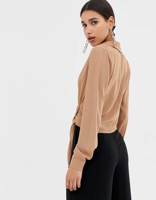 Missguided tie side wrap shirt in camel
