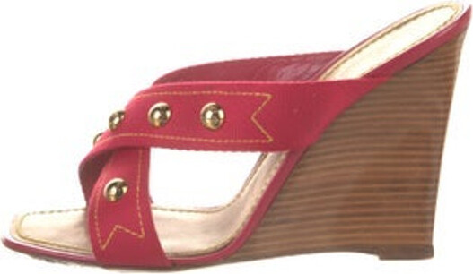Louis Vuitton Red Canvas Studded Crosscross Strap Wedge Sandals Size 38  Louis Vuitton