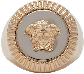 Versace Gold and Silver Guilloche Medusa Signet Ring