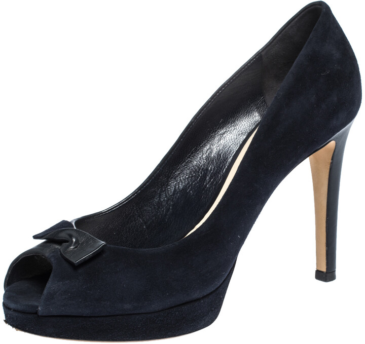 Christian Dior Blue Leather and Suede Bow Peep Toe Platform Pumps Size 39.5  - ShopStyle