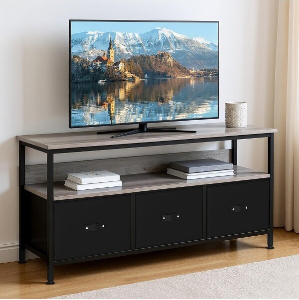 Jojoka TVStandwith3FabricDrawers,TVCabinetfor55InchTV,ModernLivingRoomStorageTVStand,EntertainmentCenterwithOpenSpace