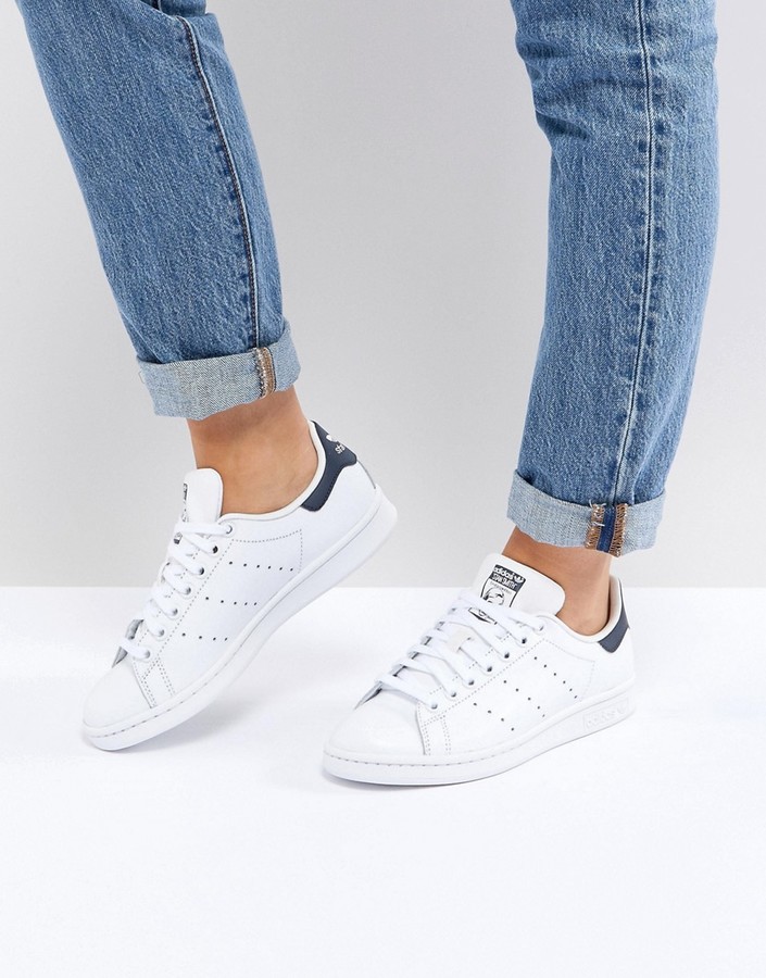 adidas white and navy Stan Smith sneakers - ShopStyle