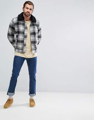 ASOS Wool Mix Bomber Jacket In Brushed Check With Borg Collar