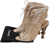 Thumbnail for your product : Chanel Beige/Gold Brocade Fabric Lace Up Cut-Out Open Toe Carved Heel Booties Size 36