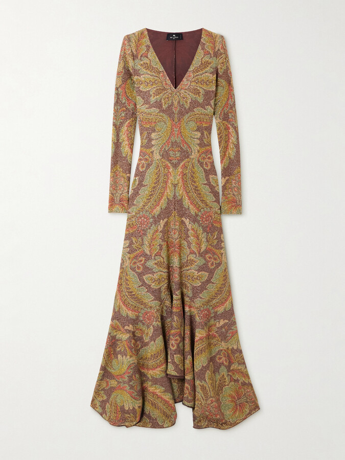 Etro - Asymmetric Paisley-print Metallic Cloqué Midi Dress - Brown