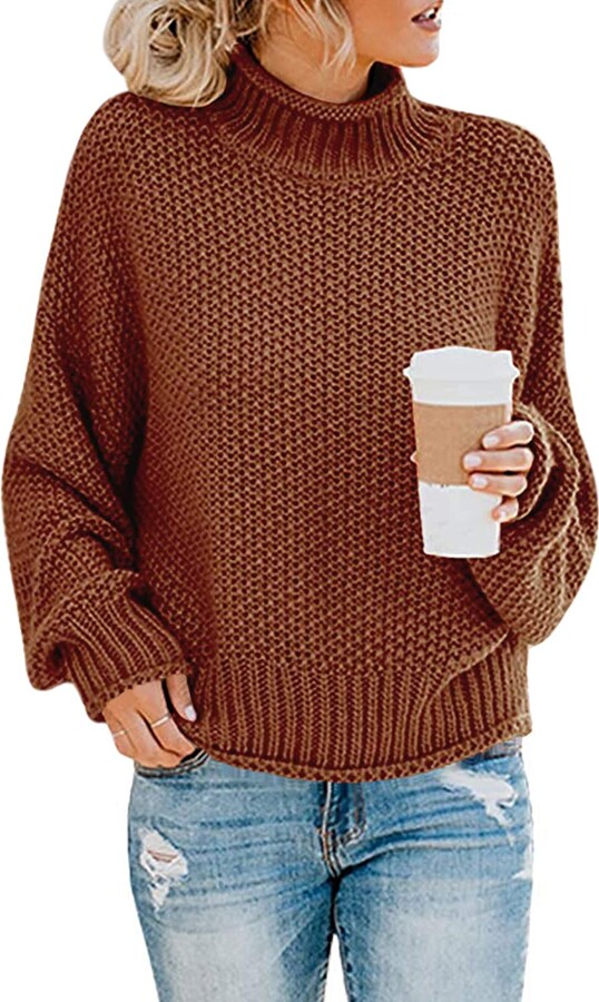 Imuedaen Women's Turtleneck Jumpers Casual Batwing Sweaters Long Sleeve Pullover Loose Chunky Knitted Jumper Tops