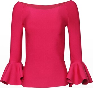 Carolina Herrera Off-The-Shoulder Ruffle-Cuff Silk Sweater
