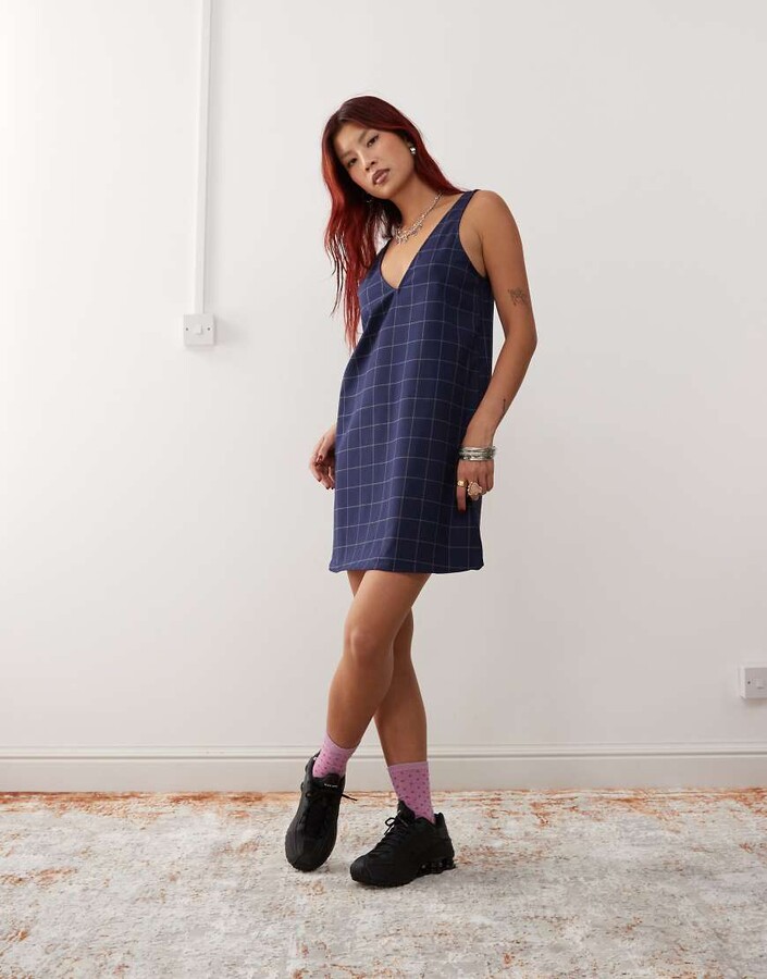 Monki Grey Check Pinafore Dress Monki Pinafore Mini Dress In