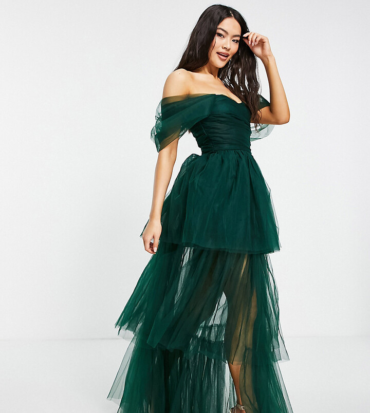 Lace Beads exclusive off shoulder tulle maxi dress in emerald