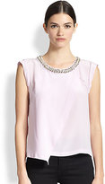 Thumbnail for your product : Rebecca Taylor Silk Rhinestone-Neck Asymmetrical Paneled Top