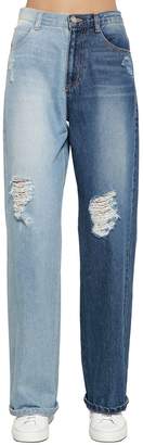 Sjyp Distressed Two Tone Wide Leg Denim Jeans