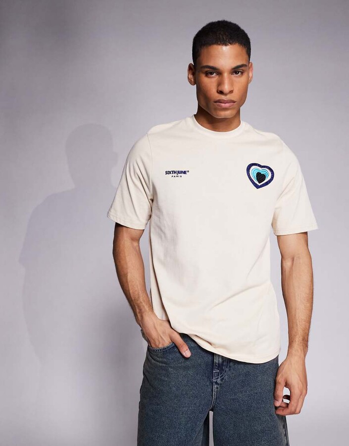 Sixth June contrast embroidered heart detail t-shirt in beige